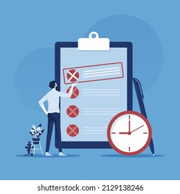 Task management, project Manager standing near check list and planning iterations, scrum task board full of tasks on sticky note cards, time management vector concept
