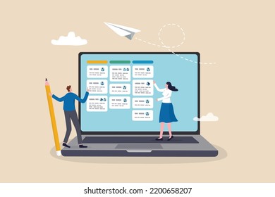 Task management software to organize project tasks, assign staff to finish work on schedule, project plan or efficiency work concept, business people team manage tasks assignment on computer laptop.