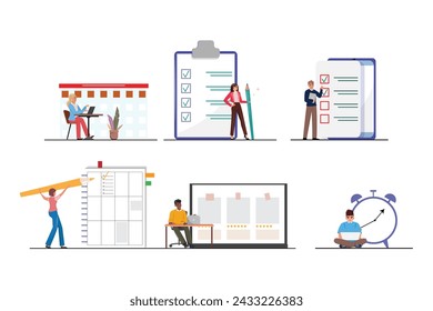 Task management with this collection of scenes_ where people successfully organising their tasks and appointments. Multitasking and effective time management