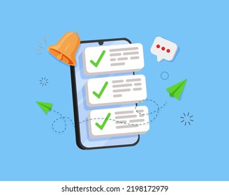 Task management todo check list with mobile phone holding hand, mobile list report for exam, fast progress, level up concept, assignment and exam. Cartoon check list icon vector render illustration