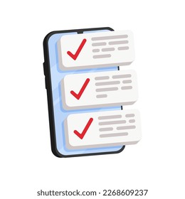 Task management todo check list with mobile phone, mobile list report for exam, fast progress, level up concept, assignment and exam. Check list icon vector illustration