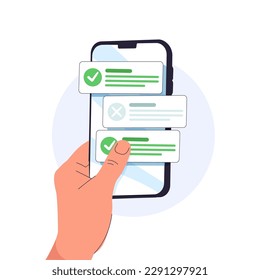 Task management todo check list with mobile phone holding hand, mobile list report for exam, fast progress, level up concept, assignment and exam. Check list icon vector render illustration