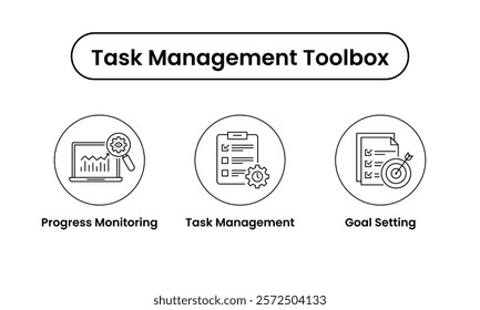 Task Management Toolbox icon set. Includes Progress Monitoring, Task Management, and Goal Setting icons. Vector icon set