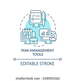 Task management tools turquoise concept icon. Creating to-do lists abstract idea thin line illustration. Isolated outline drawing. Editable stroke. Roboto-Medium, Myriad Pro-Bold fonts used