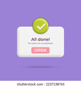 Task manager complete new reminder push notification window with check mark symbol mockup design illustration. All done, approved, check list popup reminder, web design, to do list concept.