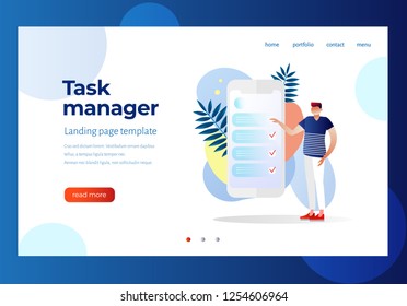 Task manager and to do list application landing page template. Vector illustration.    Man feel in check boxes in to do list. Businessman time management. Characters design