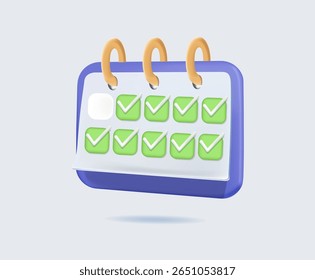  Task manager with a filled goals on calendar, 3D render vector illustration of consistency, routine or deadline, complete checklist reminder or progress concept, discipline or calendar planning