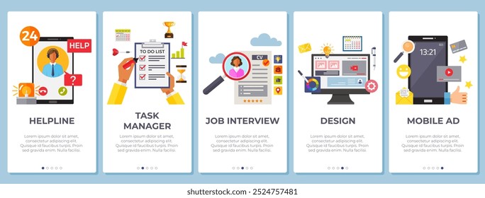 Task manager, helpline, job interview, mobile ad design web page set, digital advertising social media online marketing, business conference. Company personnel training, career development course