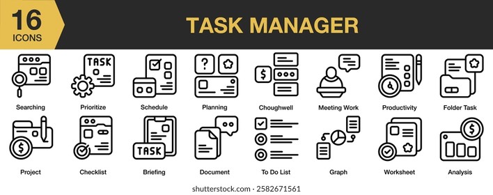 Task Manager icon set. Includes task, management, list, project, manager, and More. Outline icons vector collection.
