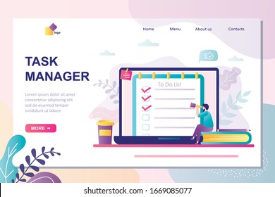 Task manager landing page template. Time management, businessman planning work and check schedule. To do list planner and handsome male character. Office day concept. Vector illustration