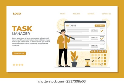 Task-Manager-Zielseitenvorlage der Task-Verwaltung. Vektorgrafik-Website