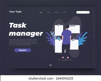 Task Manager Landing page website template designs. Vector illustration concepts of web page design for website and mobile website development. Easy to edit and customize.