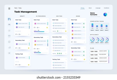 Task manager. Planner and organizer application dashboard UI with task performance process, time management web app. Vector template of strategic project screen, horizontal scheduling illustration