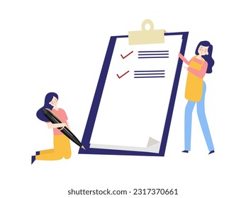 Task page checklist approval complete done survey document list clipboard and two beautiful girl with pen