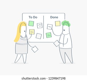 Task Performance, Task Pool Online Management On The Service Desk. Managers Discussing Tasks And Issues, Process Flow, Moving Cards On Kanban Board, Agile Project Management, Scrum Task Board Concept.