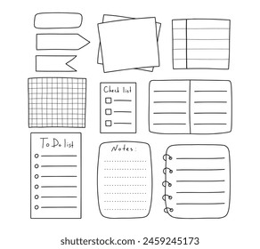 Planificadores de tareas en estilo doodle. Bonitas notas de papel, listas de tareas, blocs de notas, hojas de papel, marcadores. Ilustración vectorial. Conjunto de hojas para notas.