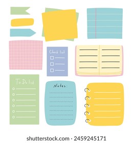 Task planners in hand drawn style. Cute paper notes, to-do lists, notepads, paper sheets, bookmarks. Vector illustration. A set of sheets for notes.