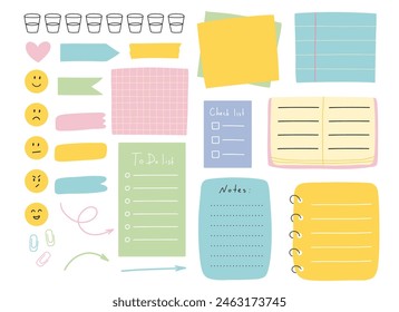 Task planners in hand drawn style. Cute paper notes, to-do lists, notepads, paper sheets, bookmarks. Vector illustration. A set of sheets for notes.