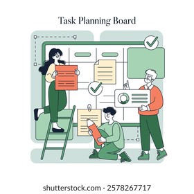 Task Planning Board concept. A team collaborates on project management using a visual planning board with notes and graphics. The focus is on organization, communication, and productivity. Vector