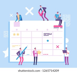 Task planning board. People with big scrum process board. Business and ream working vector concept