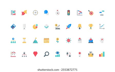 Task planning, business organization and management, financial analytics of startup color icon set. Tactics and and strategy to manage and administrate company flat elements vector illustration