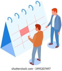 Task planning, businessmen look at calendar, time management, month planning concept. Men making business timetable. People analyze plan, schedule. Colleagues are discussing calendar for work