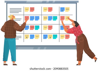 Task planning, businessmen look at calendar, time management, scheduling, month planning concept. Men making business timetable. People analyze plan, schedule. Colleagues discussing calendar for work