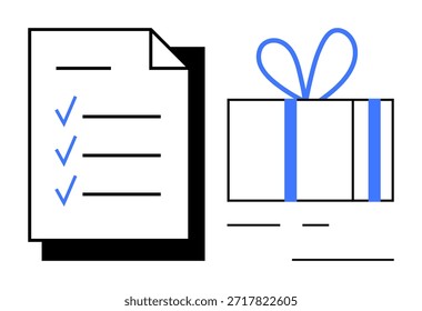 Planejamento de tarefas, preparação de presentes, organização de feriados, metas pessoais, planejamento de eventos, ferramentas de produtividade. Uma lista de verificação e uma caixa de presente. Planejamento de tarefas e preparação de presentes
