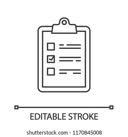 Task planning linear icon. Checklist. Thin line illustration. To do list. Project management. Tasks list. Contour symbol. Vector isolated outline drawing. Editable stroke