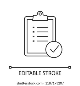 Task planning linear icon. Checklist. Test, exam. Thin line illustration. To do list. Project management. Tasks list. Contour symbol. Vector isolated outline drawing. Editable stroke