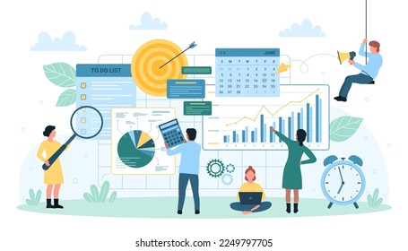 Task planning productivity of business team vector illustration. Cartoon tiny people work with magnifying glass and laptop on office project planner and data charts, organize time and information