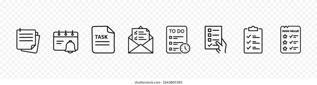 Task planning, scheduling, checklist icon, Flat outline productivity task management icons set with documents, checklist, calendar, to-do list, envelope, star rating, Task Checklist Management icon