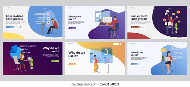 Conjunto de planificación de tareas. Empleado rellenando lista de comprobación, lugar de trabajo, revisando correo electrónico. Ilustraciones vectoriales planas. Empresa, oficina, concepto de gestión para banner, diseño de sitio web o página web de inicio