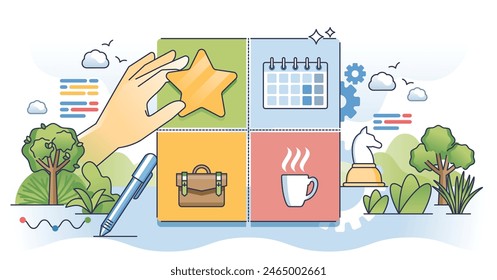 Task prioritization Eisenhower matrix for work time management outline hands concept. Efficiency and productivity improvement with do, delegate, schedule or eliminate framework vector illustration.