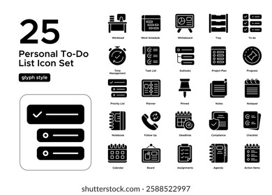 Task Prioritization and Workflow Planning. Efficient Work Process and Checklist Icons. Vector Illustration. Glyph solid icon set