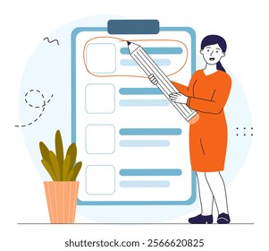 Task priority concept. Woman with large pencil near clipboard with goals and tasks. Time management and organization of effective workflow. Planning and setting deadlines. Linear vector illustration