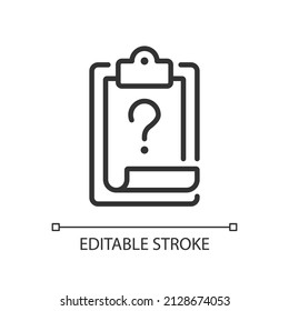 Task question linear icon. Test solving. Checklist of done work. Education and business. Thin line illustration. Contour symbol. Vector outline drawing. Editable stroke. Arial font used
