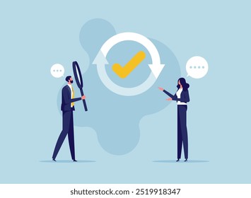 Task rechecking, review completed work to identify and correct error, carefulness in working concept, Businessman and woman with completed checkbox and circular arrows around