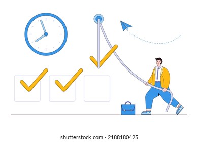 Task reminder or todo list for business professional, achieve target, work accomplishment, project management tools to track complete activities concepts. Businessman put check on checkbox using rope.