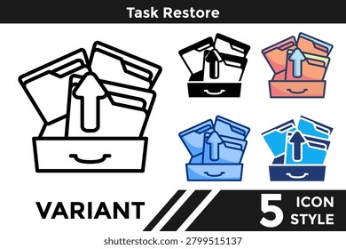 Task Restore icon for representing task recovery systems, archived work retrieval, and restoration management concepts. Line, Filled, Color, Dualtone style.