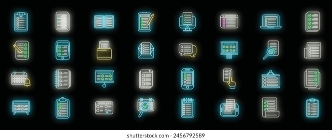 Task schedule icons set outline vector. Calendar agenda. Personal tech neon color on black