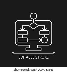 Task schemes white linear icon for dark theme. Presentation for business project. Research report. Thin line customizable illustration. Isolated vector contour symbol for night mode. Editable stroke