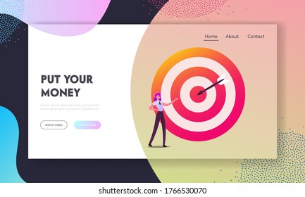 Task Solution, Business Strategy Landing Page Template. Businesswoman Character at Huge Target with Arrow in Center, Business Goals Achievement, Aims, Mission or Challenge. Cartoon Vector Illustration