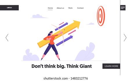 Task Solution Business Strategy Website Landing Page. Businesswoman Holding Bow Aiming Arrow to Target Up in Sky. Business Aim Mission, Challenge Web Page Banner. Cartoon Flat Vector Illustration,