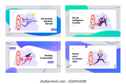 Task Solution Business Strategy Website Landing Page Set. Businesswoman and Businessman Punch Through Huge Target in Center. Career Goals Achievement Web Page Banner. Cartoon Flat Vector Illustration