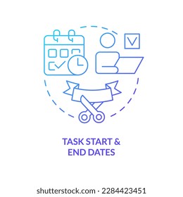 Task start and end dates blue gradient concept icon. Implementation period. Project plan includes abstract idea thin line illustration. Isolated outline drawing. Myriad Pro-Bold font used