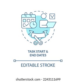 Task start and end dates turquoise concept icon. Completion. Project plan includes abstract idea thin line illustration. Isolated outline drawing. Editable stroke. Arial, Myriad Pro-Bold fonts used