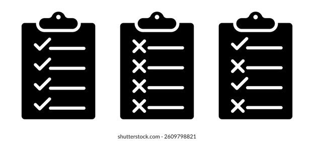 Task status checklist icons. Black clipboard symbols with checkmarks and X marks representing completed, failed, and mixed items for apps, websites, presentations, or productivity tools