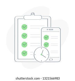 Task Synchronization, Check List with Checkboxes with Check Mark on the Clipboard and Mobile Phone Display with To Do Tasks List. Outline Vector Illustration on white Background.