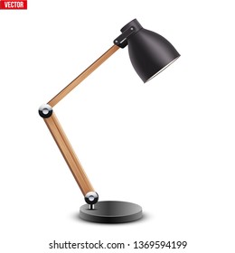 Task Table Desk Lamp Sample Model Vintage Cone Shade With Wooden Arm. For Coworking, Office Workspace And Study Room. Vector Illustration Isolated On White Background.